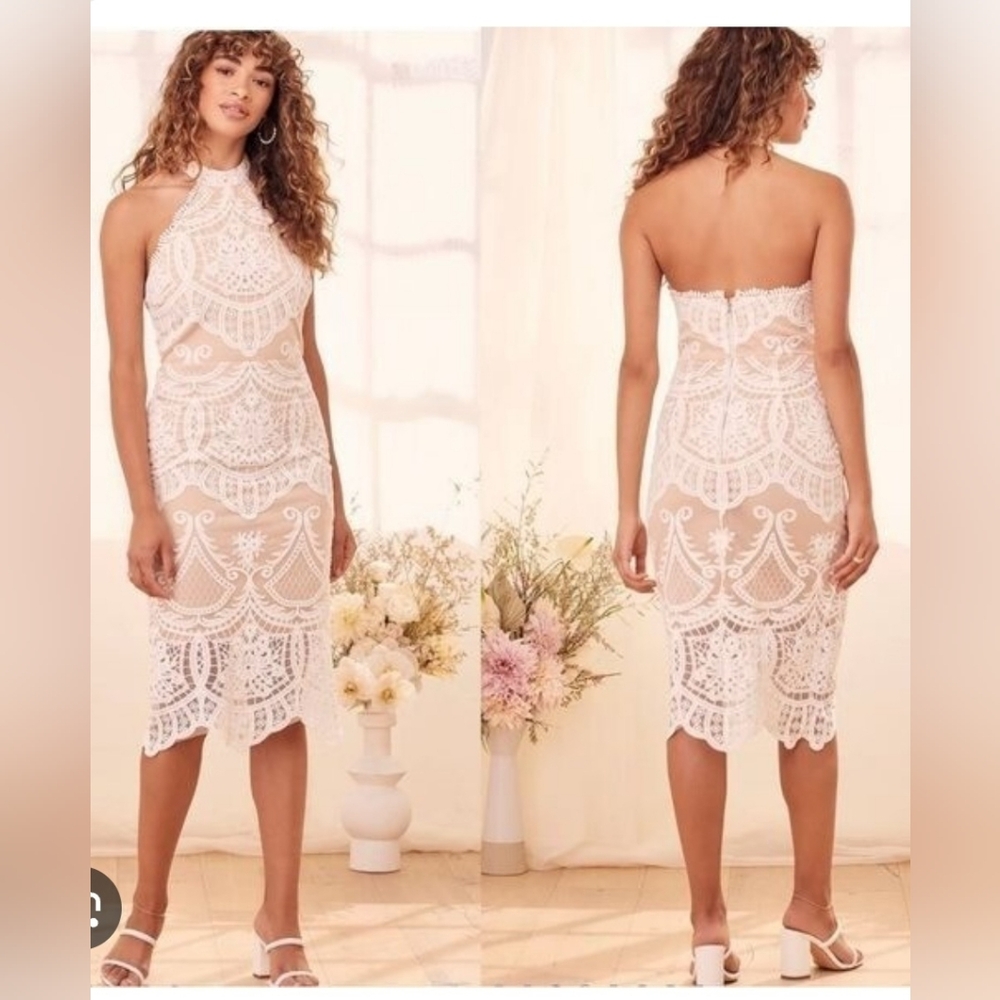 SIZE M LULUS CELEBRATE LIFE WHITE LOCE HALTER MIDI DRESS